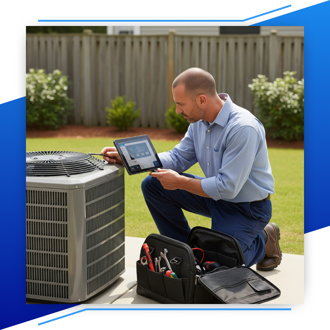 Man holding a tablet while repairing an AC unit