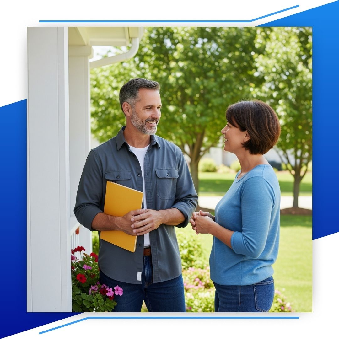 Man holding a tablet while repairing an AC unit