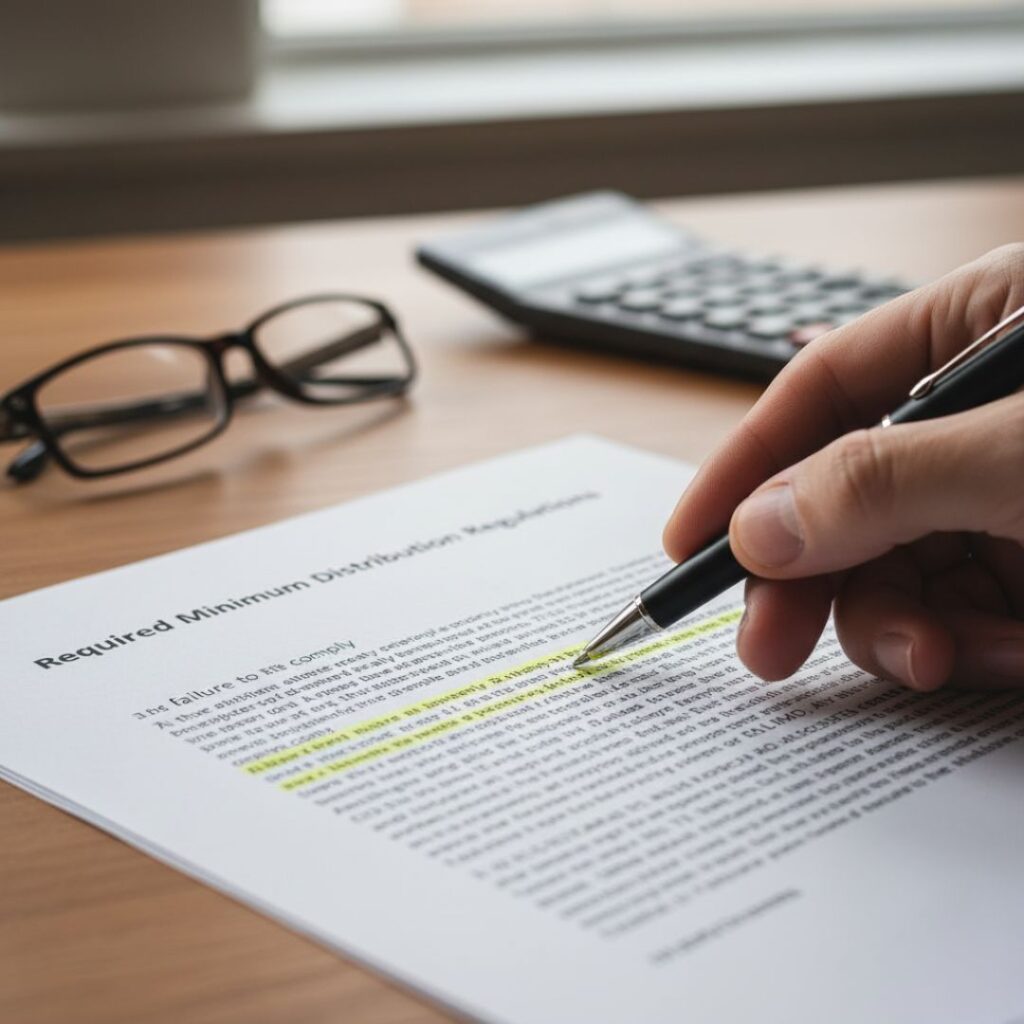 A close-up of a hand with a pen highlighting the section "Required Minimum Distribution Regulations" on a document. A calculator and glasses are blurred in the background.