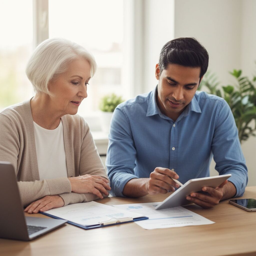 A young financial advisor in a blue shirt shows an older woman a tablet screen while reviewing financial documents together at a table.