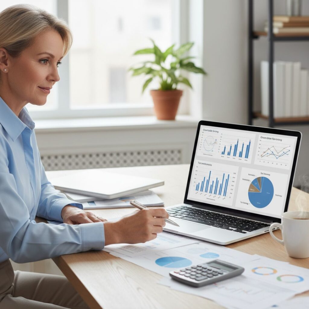 A woman in a light blue shirt works at a wooden desk, looking at a laptop screen displaying various financial charts and graphs. She is holding a pen and writing on papers next to a stack of folders and a calculator.
