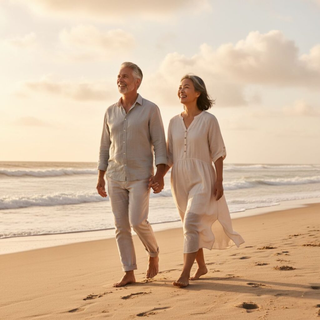 A happy, older couple walks hand-in-hand on a beach at sunset, smiling and looking out at the ocean.